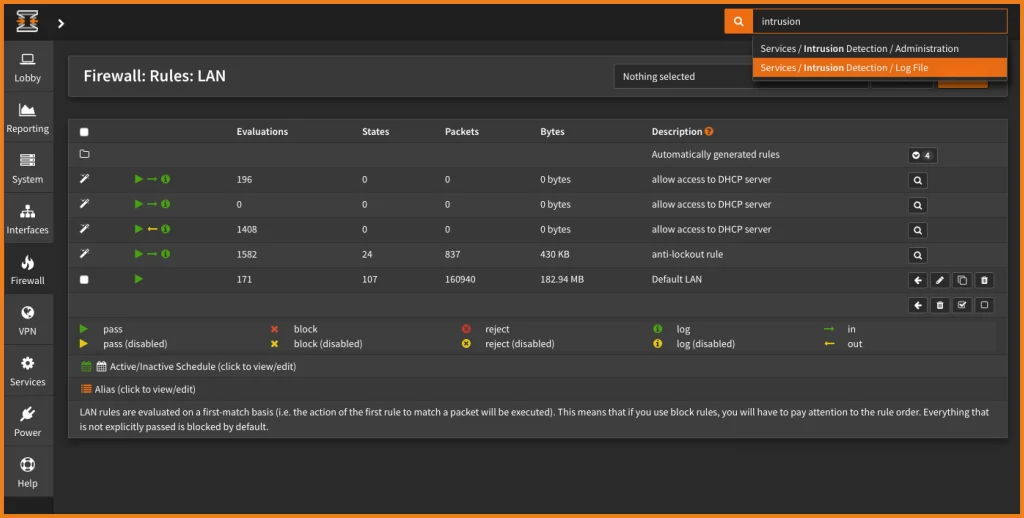 OPNsense — Règles Firewall LAN avec détection d'intrusion (IDS/IPS)