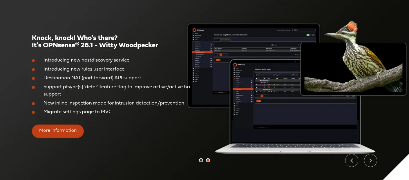 OPNsense 26.1 Witty Woodpecker — Interface moderne sur laptop et tablette